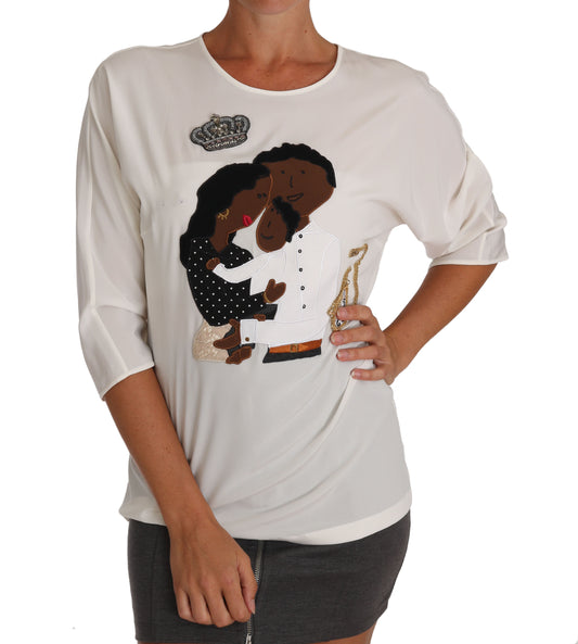 Dolce & Gabbana White Silk #dgfamily Crystal T-shirt Dolce & Gabbana