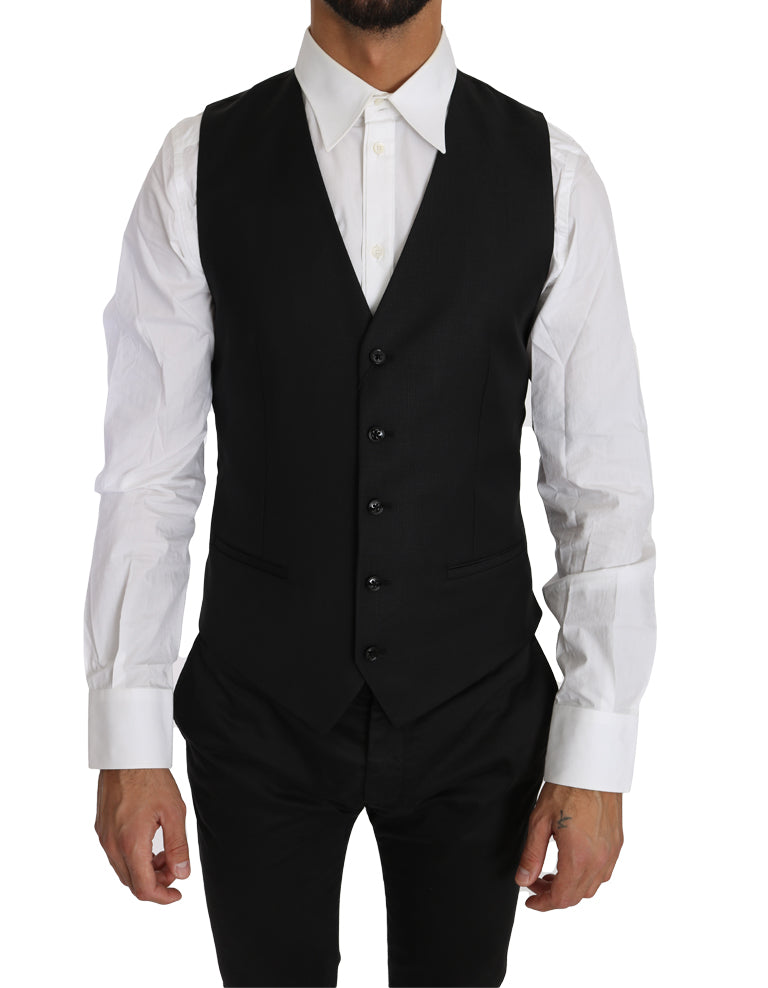 Dolce & Gabbana Black Solid Wool Silk Waistcoat Vest Dolce & Gabbana