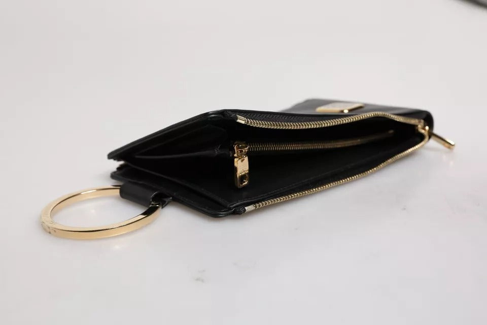 Dolce & Gabbana Black Leather Logo Plaque Neck Strap Card Coin Wallet - Eljoys Fashion 