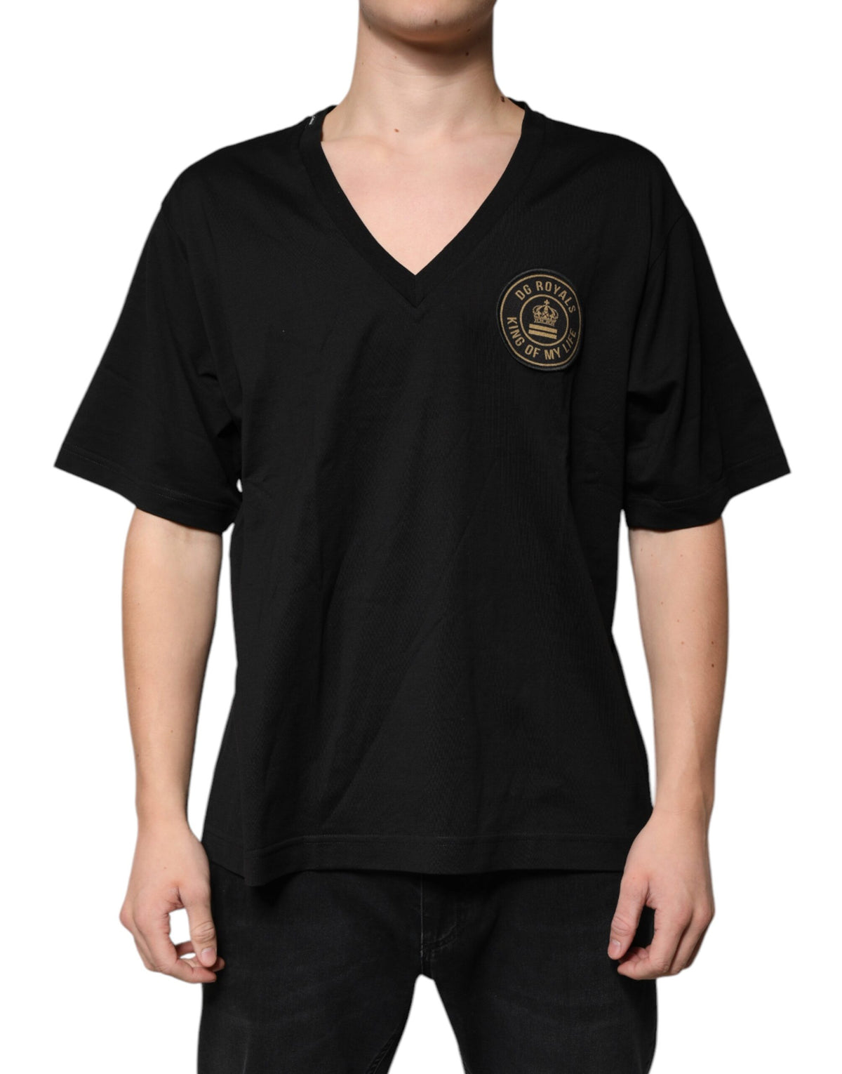 Dolce & Gabbana Black Cotton Logo Vneck Short Sleeve T-shirt - Eljoys Fashion 