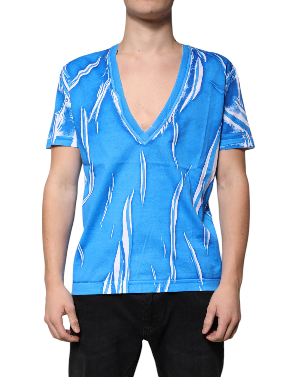 Dolce & Gabbana Blue Cotton V-neck Short Sleeves T-shirt - Eljoys Fashion 
