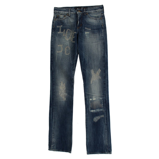 Cavalli Blue Wash Torn Cotton Straight Fit Jeans Cavalli