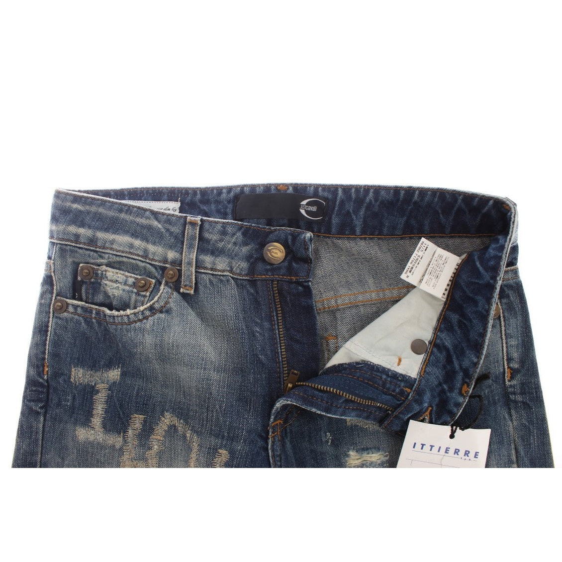 Cavalli Blue Wash Torn Cotton Straight Fit Jeans Cavalli