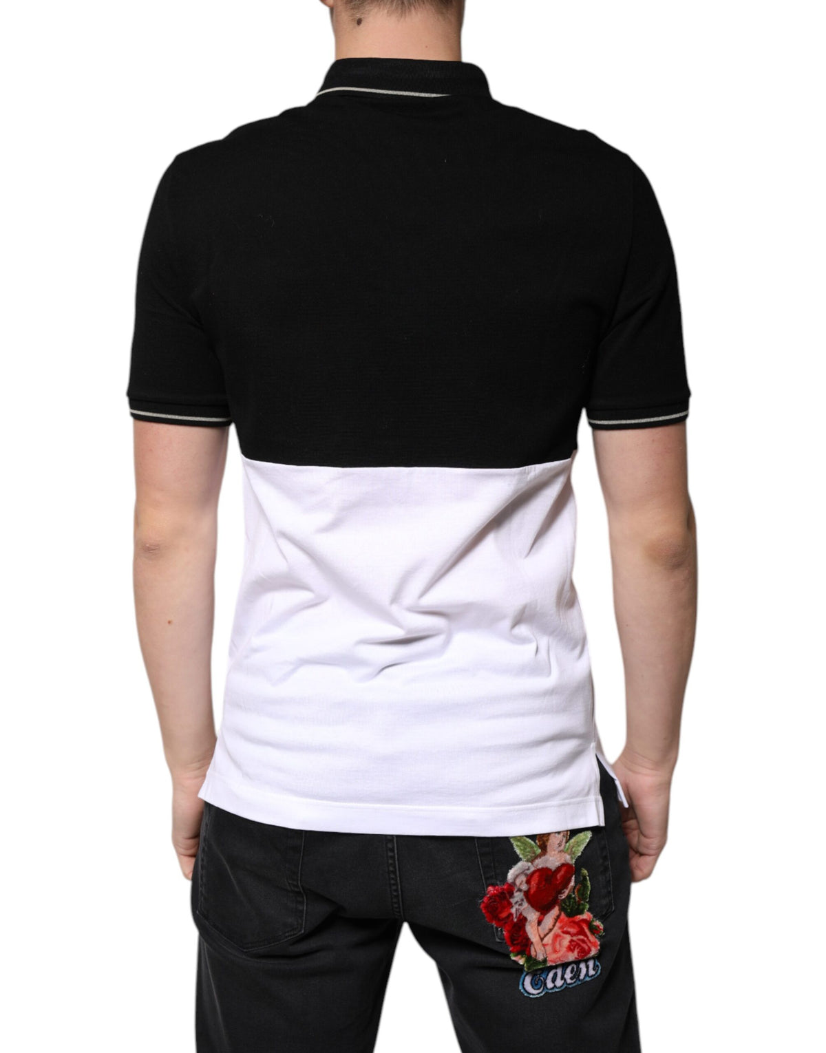 Dolce & Gabbana Black White Cotton Short Sleeves Polo T-shirt - Eljoys Fashion 