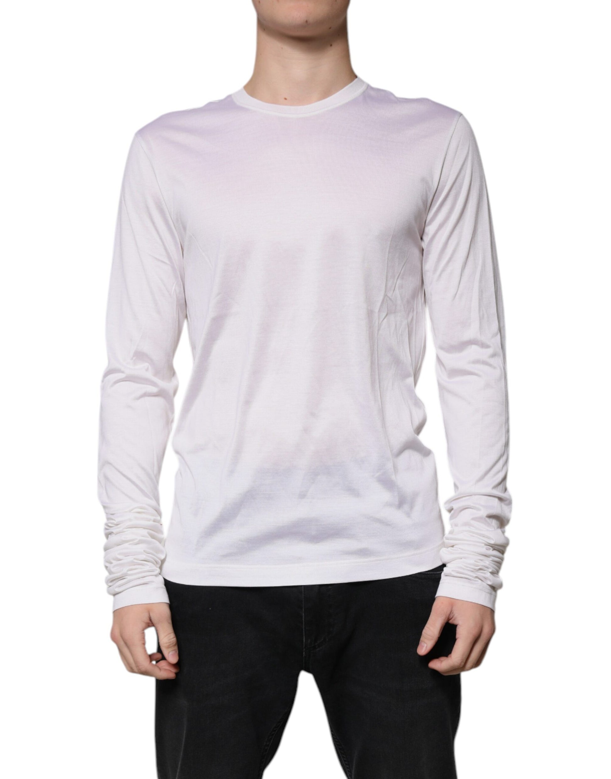 Dolce & Gabbana White Silk Crew Neck Men Pullover Sweater Dolce & Gabbana