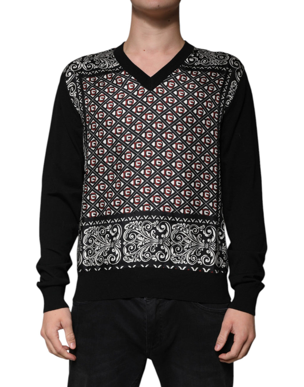 Dolce & Gabbana Black Logo Wool V-neck Pullover Sweater - Eljoys Fashion 