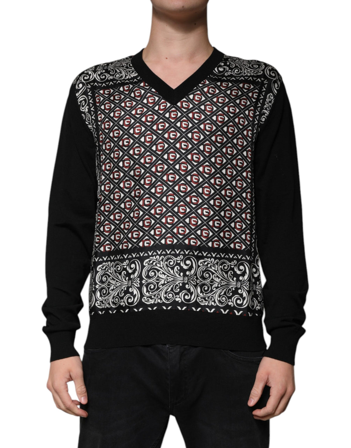 Dolce & Gabbana Black Logo Wool V-neck Pullover Sweater - Eljoys Fashion 