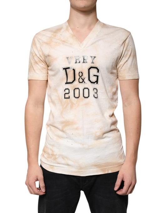 Dolce & Gabbana Beige Graphic Print Cotton V-neck T-shirt Dolce & Gabbana
