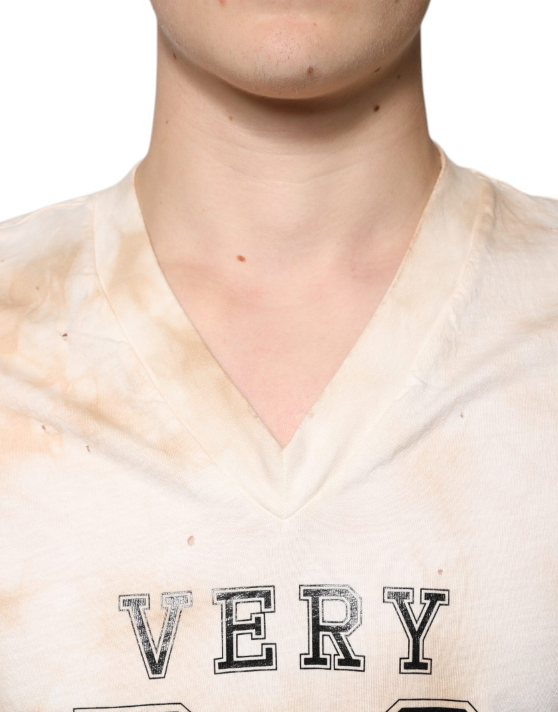 Dolce & Gabbana Beige Graphic Print Cotton V-neck T-shirt Dolce & Gabbana