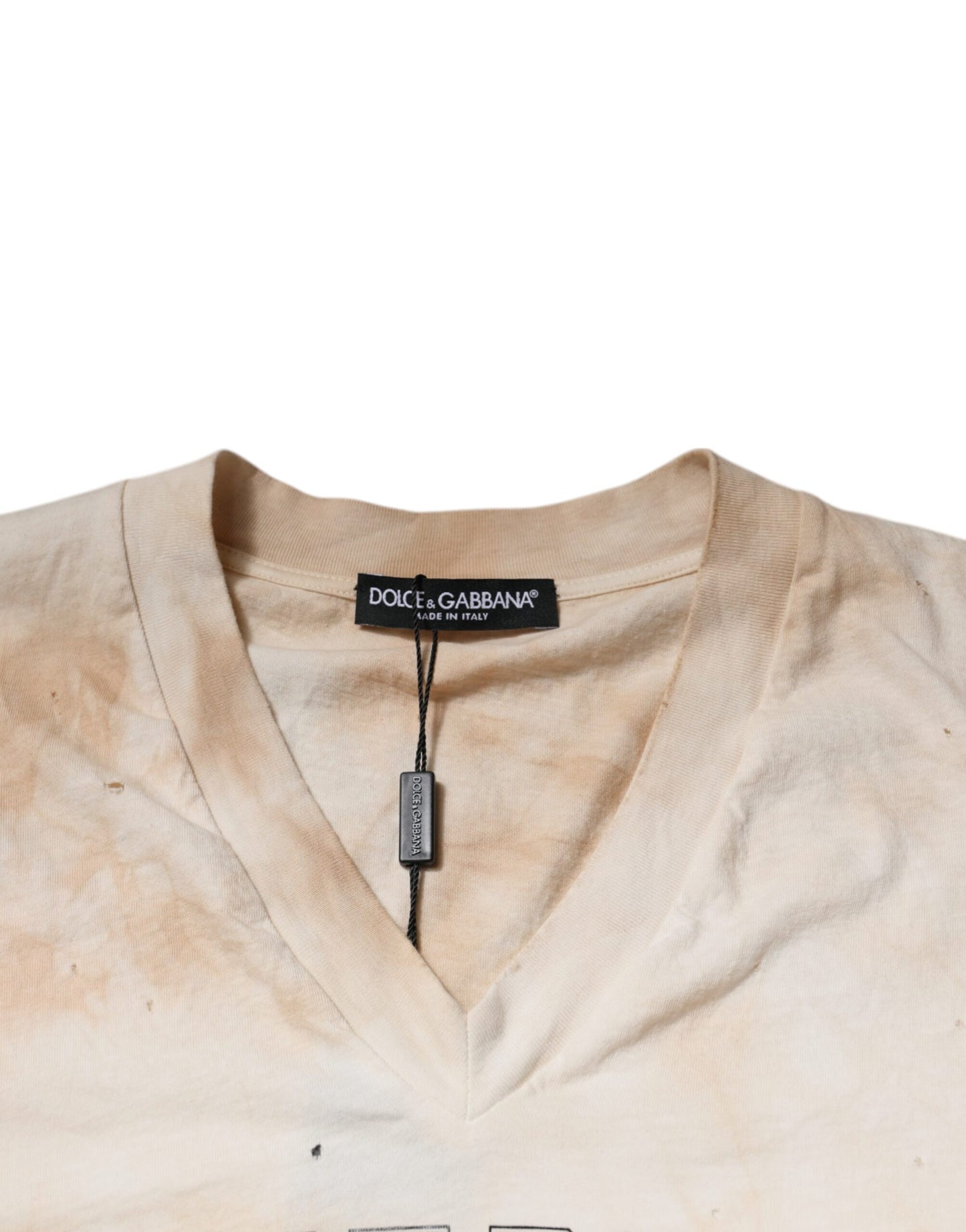 Dolce & Gabbana Beige Graphic Print Cotton V-neck T-shirt Dolce & Gabbana