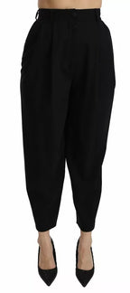 Dolce & Gabbana Black Wool High Waist Pleat Front Cropped Pants - Eljoys Fashion 