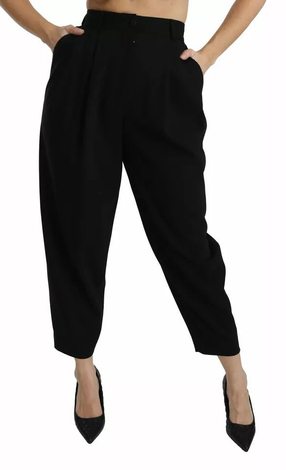 Dolce & Gabbana Black Wool High Waist Pleat Front Cropped Pants - Eljoys Fashion 