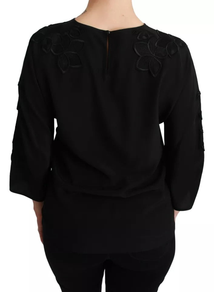 Dolce & Gabbana Black Floral Embroidered Blouse Silk Top Dolce & Gabbana