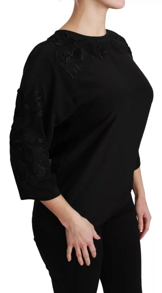 Dolce & Gabbana Black Floral Embroidered Blouse Silk Top Dolce & Gabbana