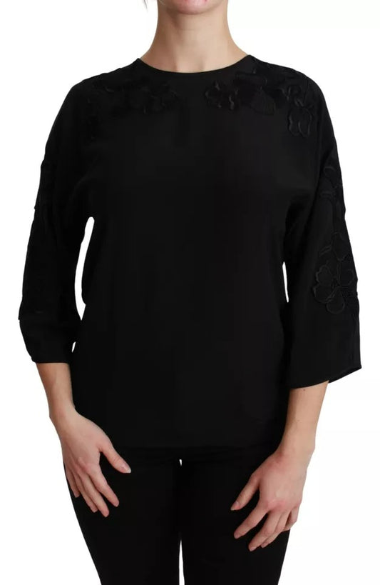 Dolce & Gabbana Black Floral Embroidered Blouse Silk Top Dolce & Gabbana