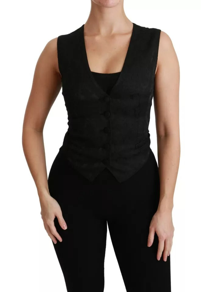 Dolce & Gabbana Black Lace Waistcoat Slim Vest Silk Top - Eljoys Fashion 