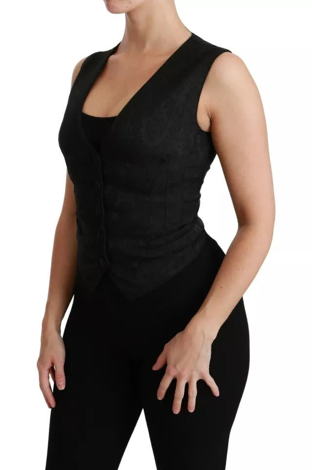 Dolce & Gabbana Black Lace Waistcoat Slim Vest Silk Top - Eljoys Fashion 