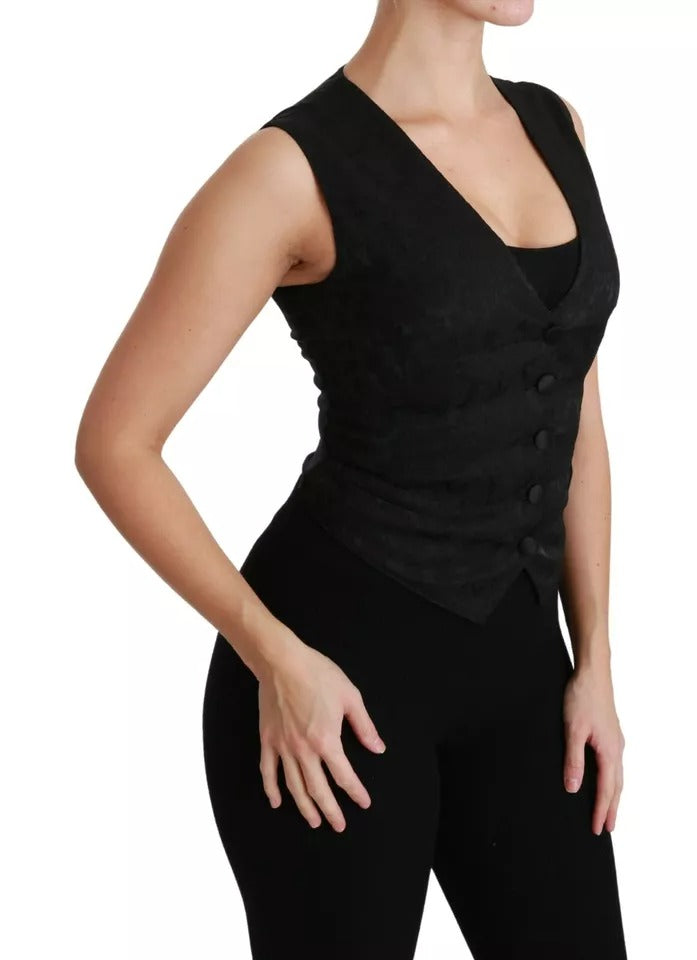 Dolce & Gabbana Black Lace Waistcoat Slim Vest Silk Top - Eljoys Fashion 