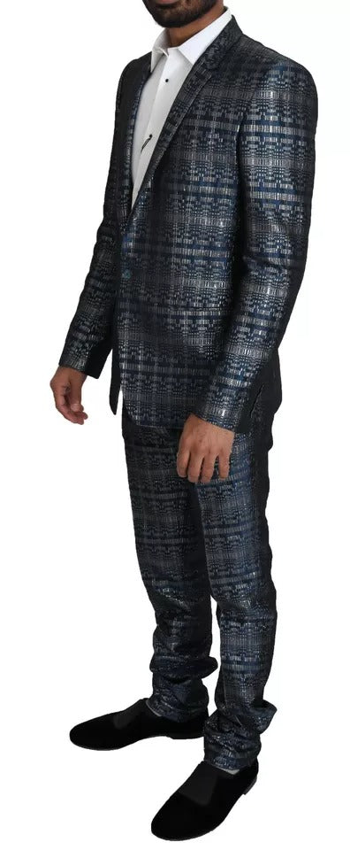 Dolce & Gabbana Blue Silver Shiny 2 Piece Slim GOLD Suit - Eljoys Fashion 