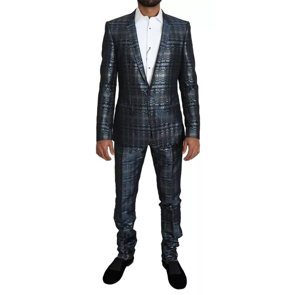 Dolce & Gabbana Blue Silver Shiny 2 Piece Slim GOLD Suit