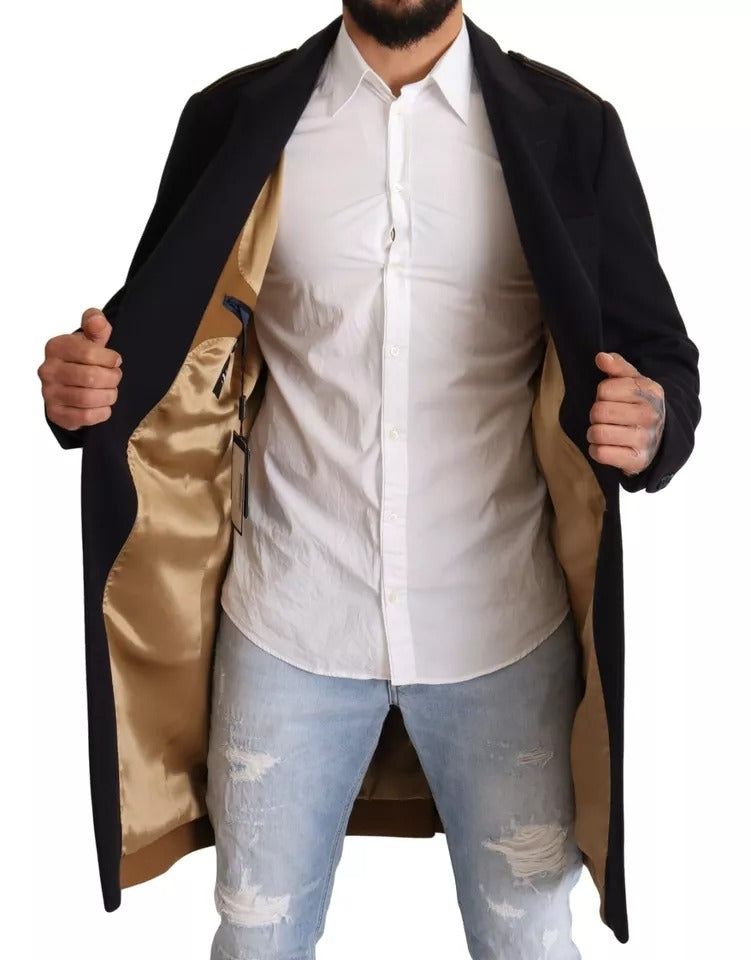 Dolce & Gabbana Blue Trench Coat Long Wool Stretch Jacket Dolce & Gabbana