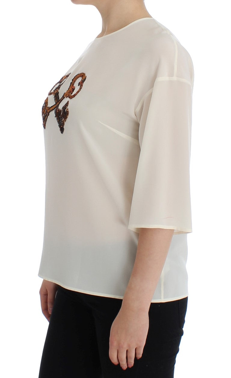 Dolce & Gabbana White Sequined Key Silk Blouse T-shirt Top Dolce & Gabbana