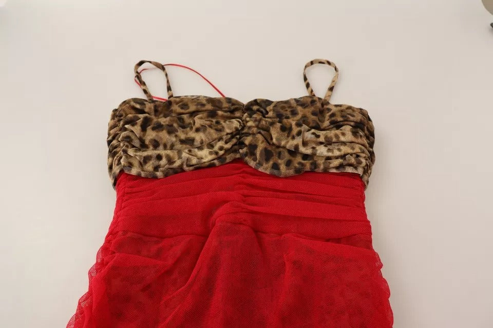 Dolce & Gabbana Brown Leopard Red Tulle Sheath Midi Dress Dolce & Gabbana