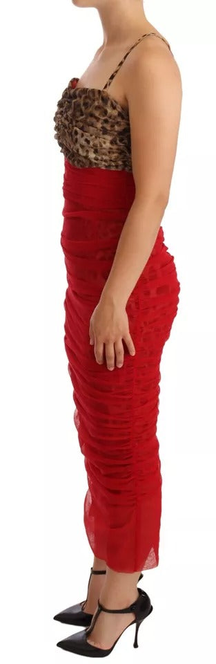 Dolce & Gabbana Brown Leopard Red Tulle Sheath Midi Dress Dolce & Gabbana