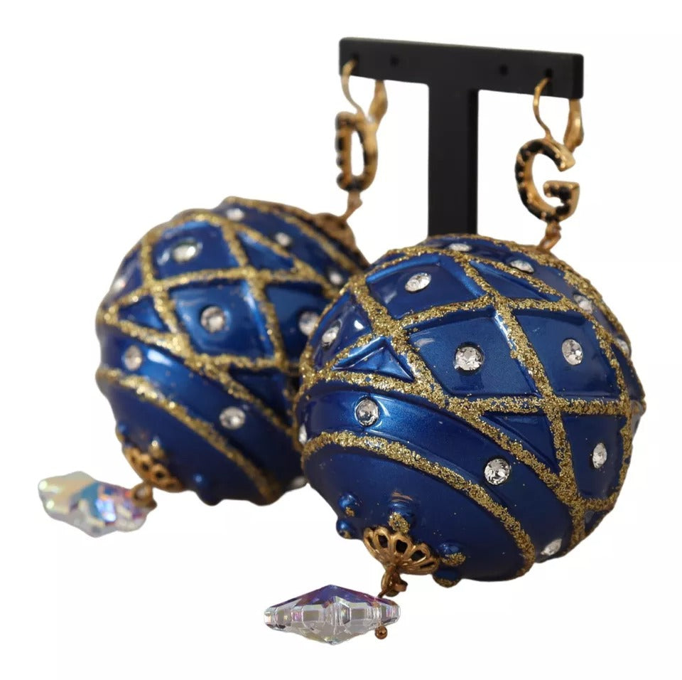 Dolce & Gabbana Gold Brass Blue Christmas Ball Crystal Hook Jewelry Earrings Dolce & Gabbana