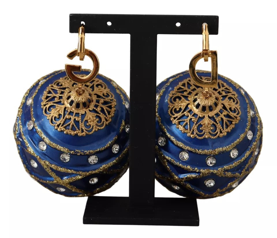 Dolce & Gabbana Gold Brass Blue Christmas Ball Crystal Hook Jewelry Earrings Dolce & Gabbana