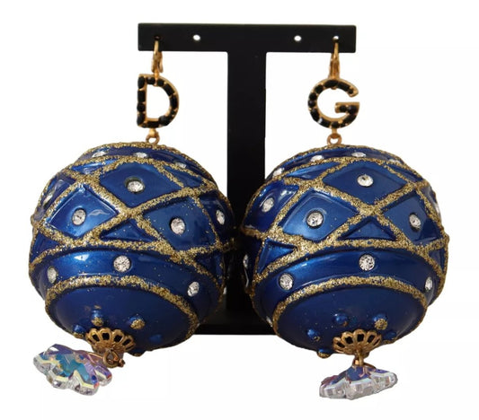 Dolce & Gabbana Gold Brass Blue Christmas Ball Crystal Hook Jewelry Earrings Dolce & Gabbana