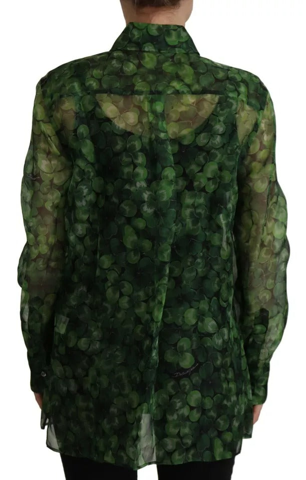 Dolce & Gabbana Green Clover Print Long Sleeves Collared Top Blouse Dolce & Gabbana