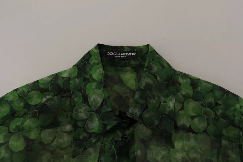 Dolce & Gabbana Green Clover Print Long Sleeves Collared Top Blouse Dolce & Gabbana