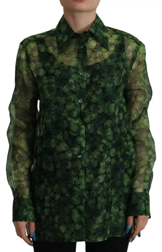 Dolce & Gabbana Green Clover Print Long Sleeves Collared Top Blouse Dolce & Gabbana