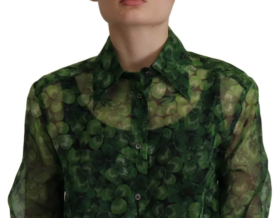 Dolce & Gabbana Green Clover Print Long Sleeves Collared Top Blouse Dolce & Gabbana