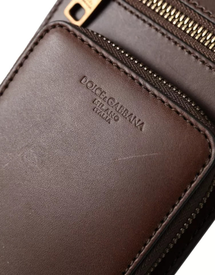 Dolce & Gabbana Brown Calf Leather Zip Logo Shoulder Neck Strap Wallet Dolce & Gabbana