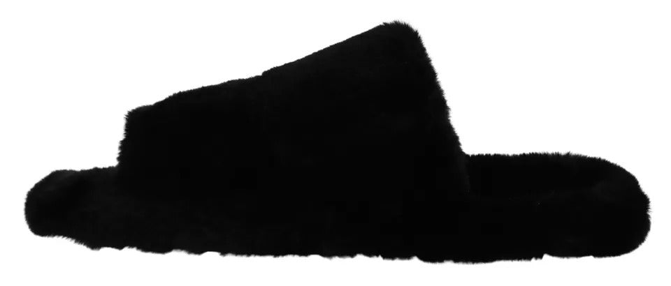 Dolce & Gabbana Black Polyester Faux Fur Mens Flats Sandals Shoes Dolce & Gabbana