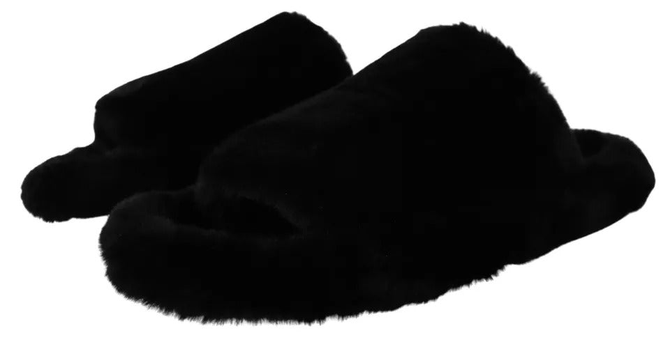 Dolce & Gabbana Black Polyester Faux Fur Mens Flats Sandals Shoes Dolce & Gabbana