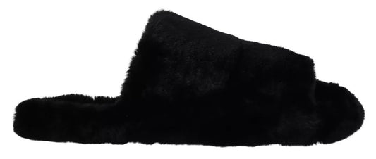Dolce & Gabbana Black Polyester Faux Fur Mens Flats Sandals Shoes Dolce & Gabbana