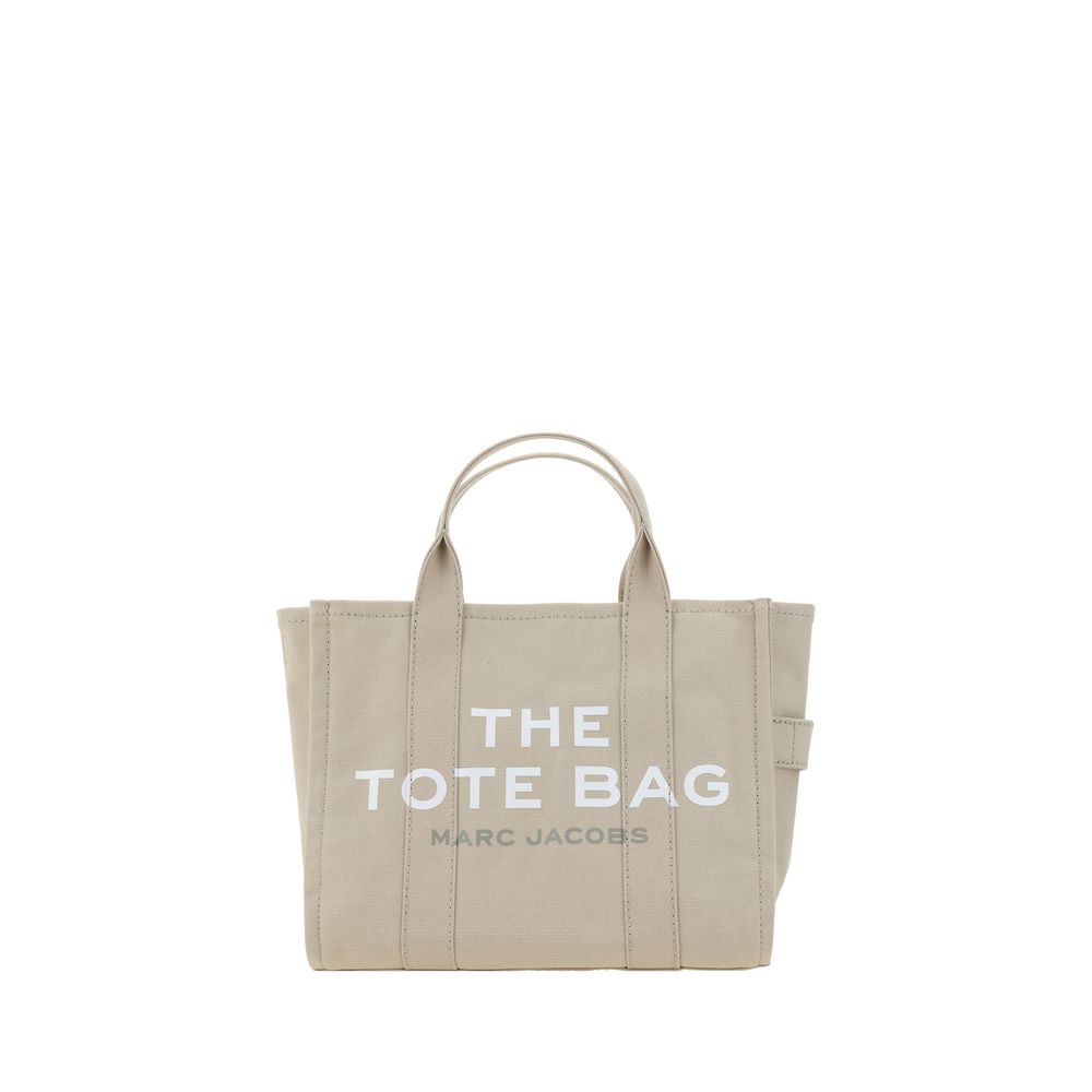 Beige cotton Marc Jacobs handbag with structured design and top handles, showcasing a stylish, casual accessory.