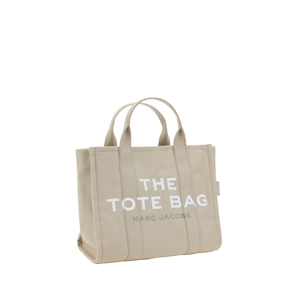 Marc Jacobs beige cotton handbag with structured design and top handles, stylish accessory for casual or elegant outfits.