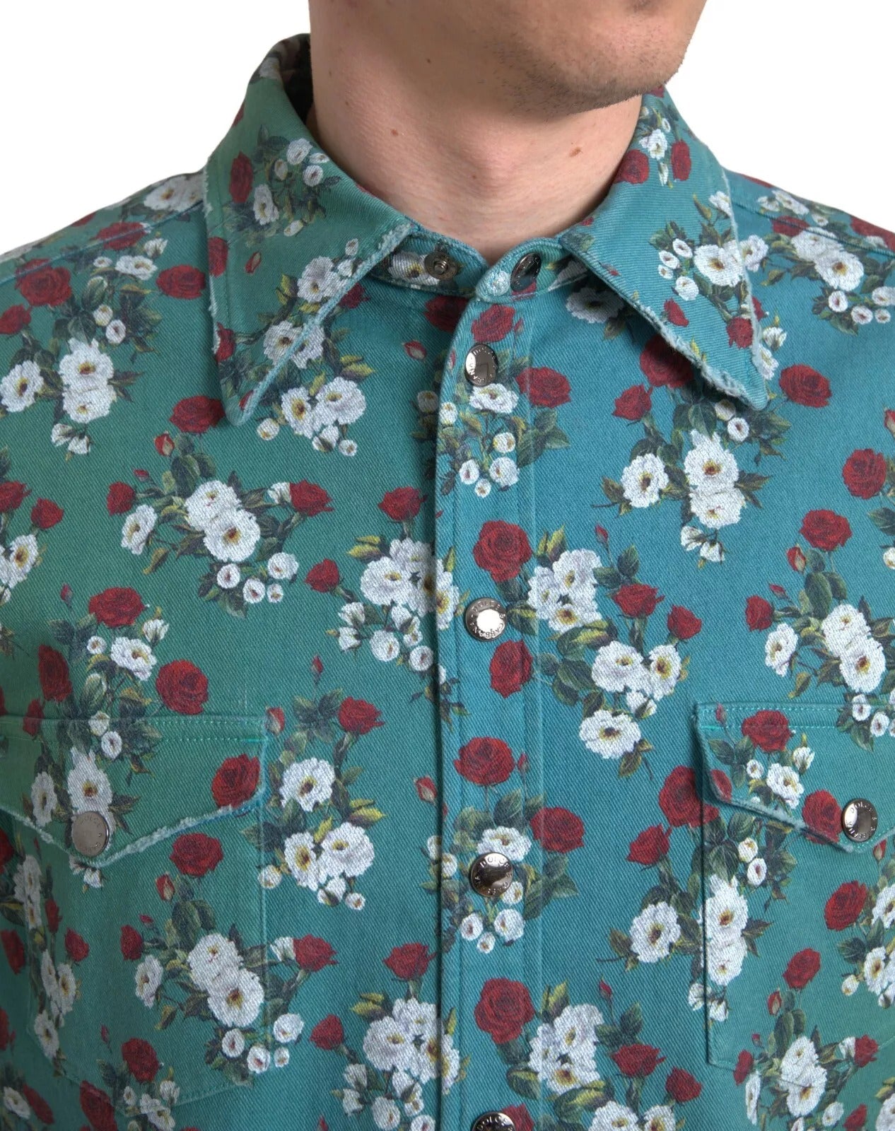 Dolce & Gabbana Blue Floral Cotton Button Down Denim Shirt Dolce & Gabbana