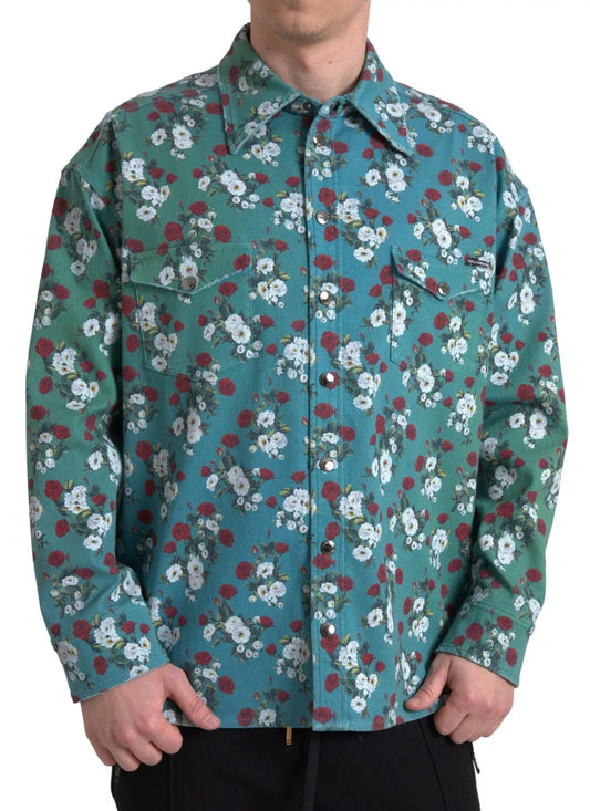 Dolce & Gabbana Blue Floral Cotton Button Down Denim Shirt Dolce & Gabbana