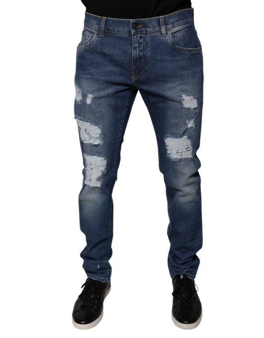 Dolce & Gabbana Blue Cotton Tattered Skinny Denim Jeans Dolce & Gabbana