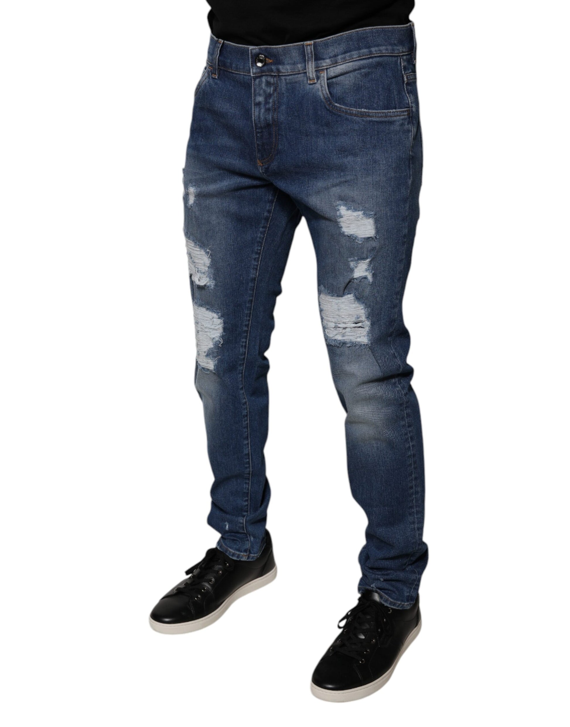 Dolce & Gabbana Blue Cotton Tattered Skinny Denim Jeans Dolce & Gabbana