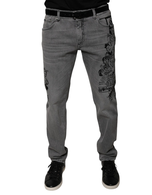 Dolce & Gabbana Gray Graphic Print Cotton Skinny Denim Jeans Dolce & Gabbana