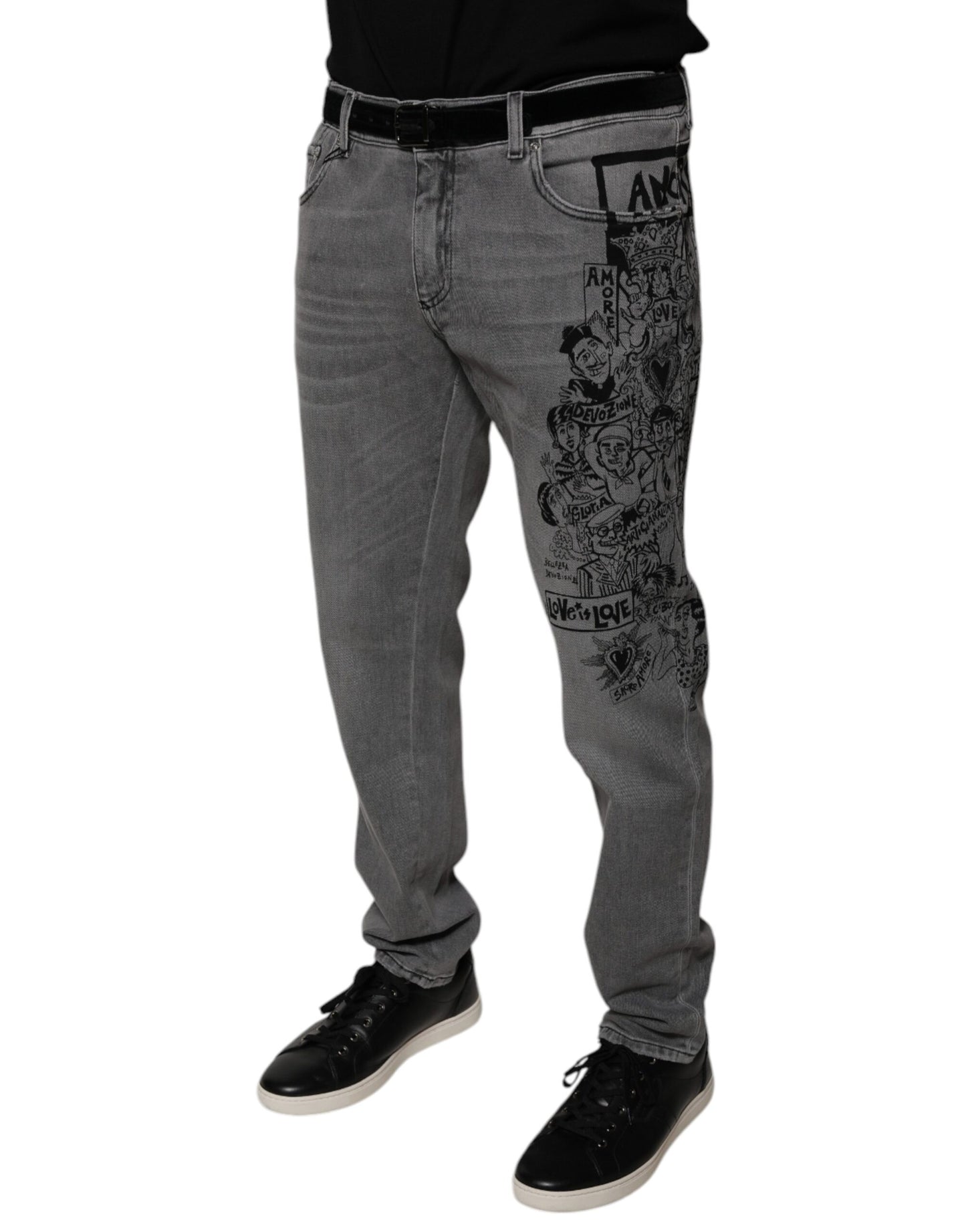 Dolce & Gabbana Gray Graphic Print Cotton Skinny Denim Jeans Dolce & Gabbana