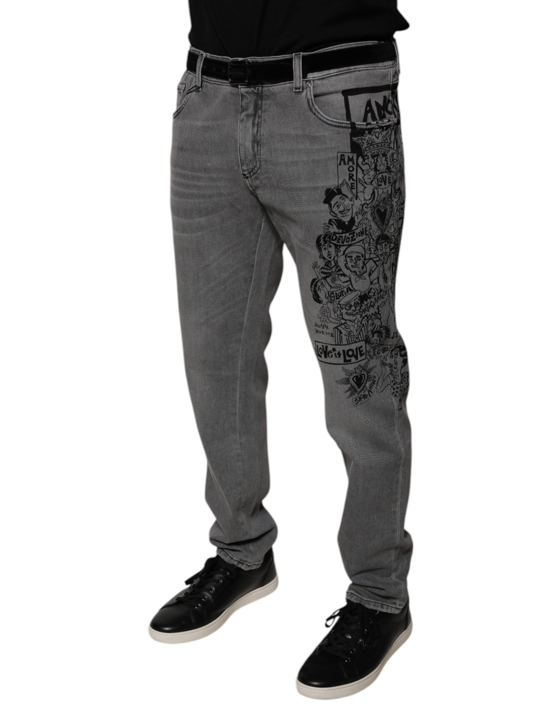 Dolce & Gabbana Gray Graphic Print Cotton Skinny Denim Jeans Dolce & Gabbana