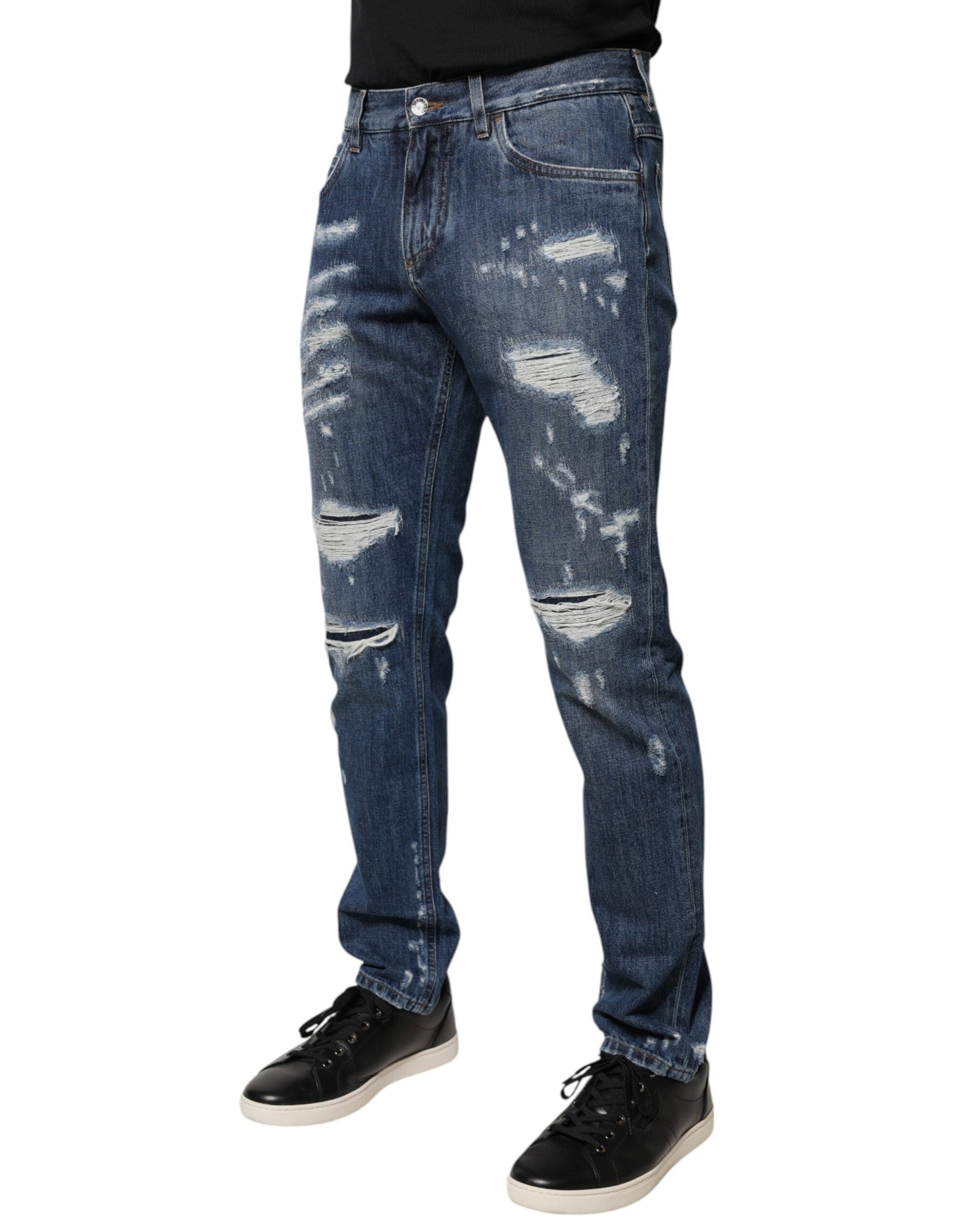 Dolce & Gabbana Blue Cotton Tattered Skinny Denim Jeans Dolce & Gabbana