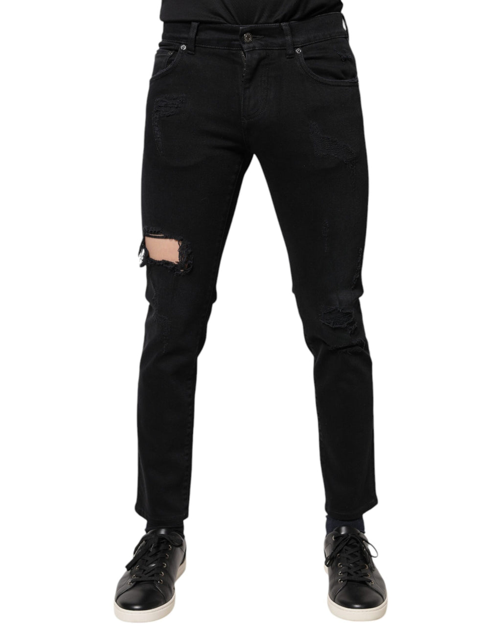 Dolce & Gabbana Black Cotton Tattered Skinny Denim Logo Jeans - Eljoys Fashion 